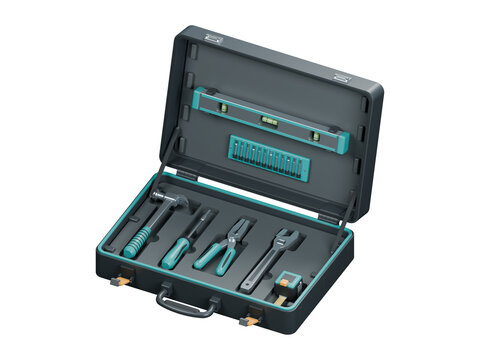 Home repair toolkit with hand tools in an open carrying case