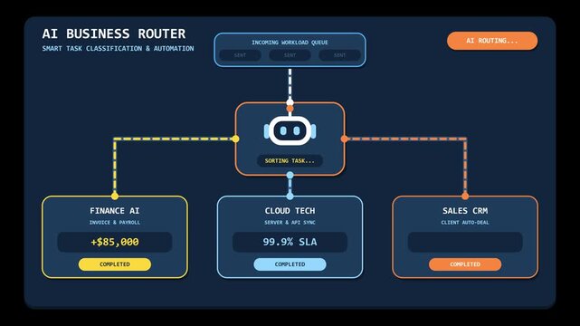 Animated AI business router interface showing automated task classification for finance and sales CRM workflows in modern digital dashboard technology system