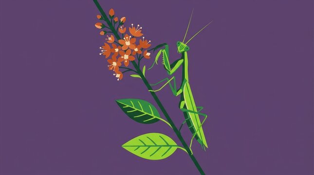 Praying mantis perched on a flowering branch vector illustration