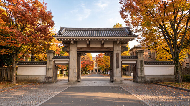 紅葉に色づく秋の日本の大学キャンパス・石の門柱がある大学の正門：学園祭・学生生活のイメージ