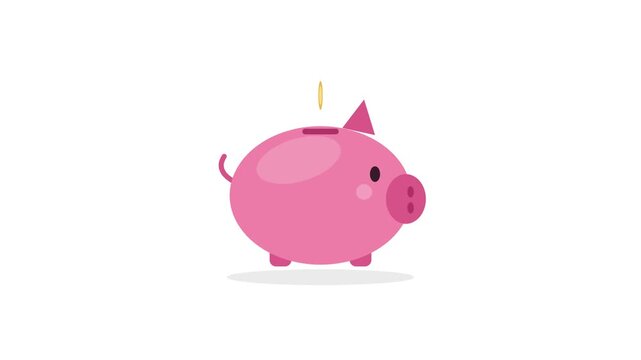 Cute pink piggy bank with falling gold coins, flat vector animation, savings and finance concept, seamless loop on white background