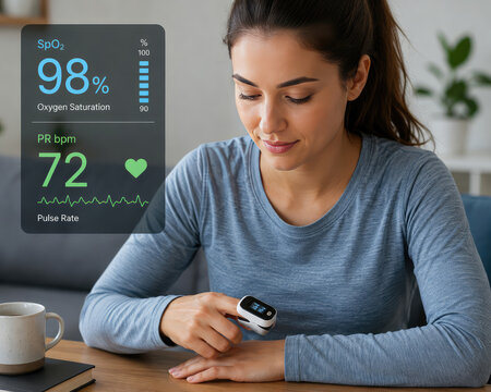 Woman Checking Blood Oxygen Saturation and Pulse Rate with Fingertip Pulse Oximeter