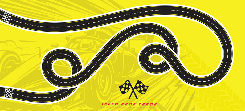 Speed Race Background. Race track in black color with tyre marks and city map on a white background.
