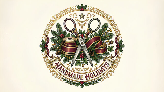 Elegant holiday craft logo featuring vintage scissors, holly, ribbon, and festive greenery emphasizing handmade holiday traditions