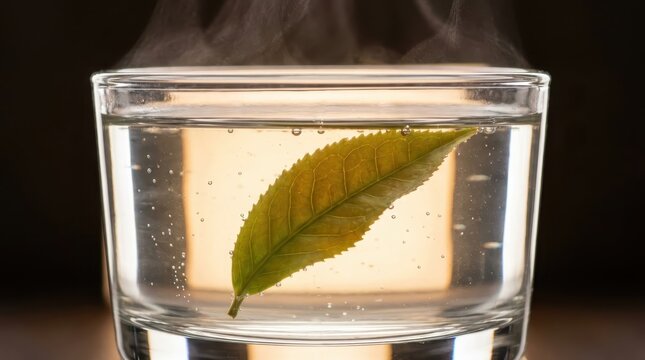 A single green leaf rests within a glass of steaming water