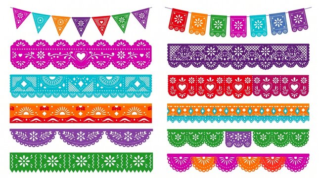 Vibrant colorful mexican papel picado banners and borders for festive celebration design elements