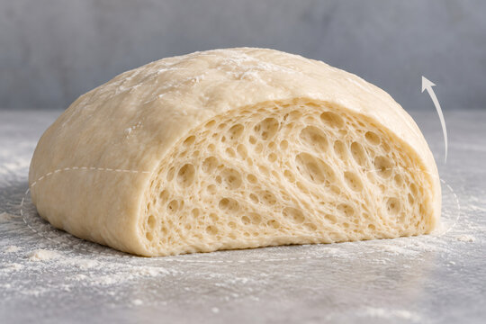 Fermented bread dough cross section with expanding gas cells