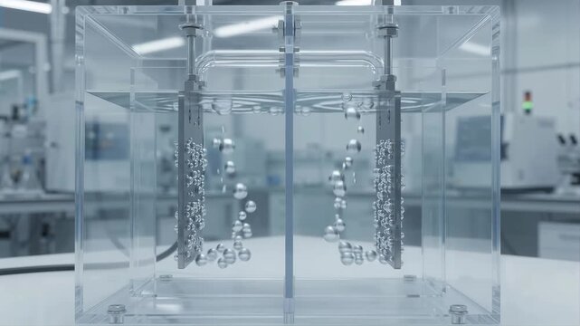 Clean energy visualization of water electrolysis separating hydrogen and oxygen inside an electrolyzer for renewable hydrogen production and sustainable energy.