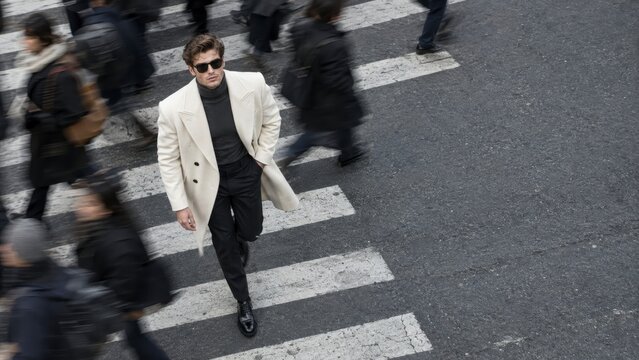 Stylish man in white coat walking across busy city street with motion