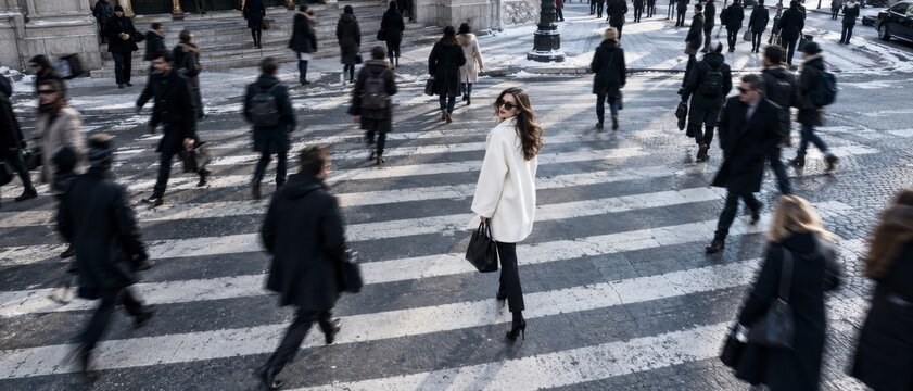 Stylish woman in white coat walking across busy city street in winter