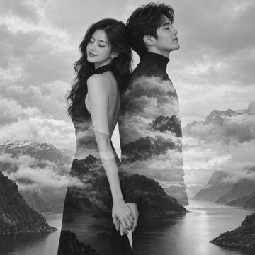 Couple holding hands standing back to back overlooking serene