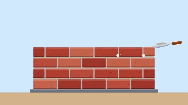 Flat Vector Bricklaying Animation, Mason Building Brick Wall with Cement and Trowel, Seamless Loop