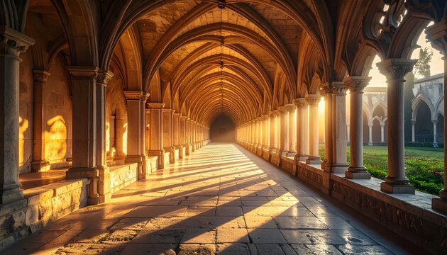 Majestic gothic cathedral interior with golden lighting and vaulted ceiling.