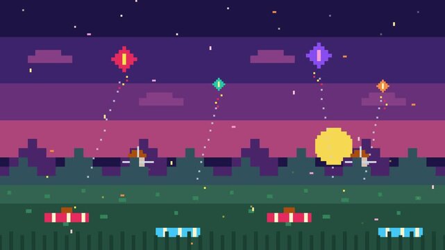 Pixel art landscape background with retro video game kites