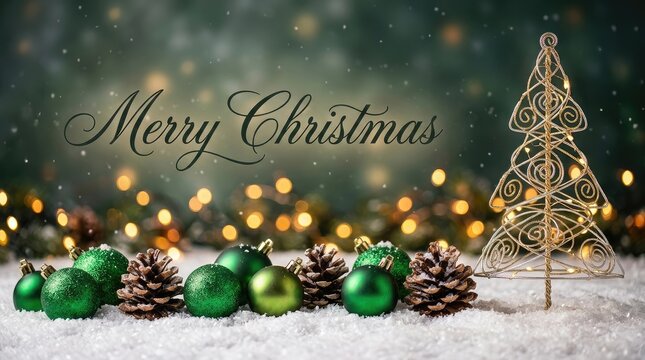 Christmas festive background with gold wire tree and green holiday ornaments