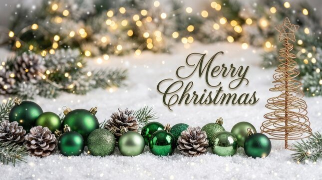 Merry christmas greeting text over snowy surface with green baubles and wire tree