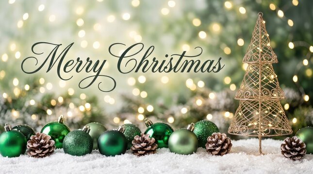 Merry christmas greeting text over festive winter scene with golden tree and baubles