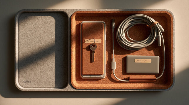 Overhead view of a cork and felt valet tray holding keys, a power bank and a coiled charging cable, with generous copy space