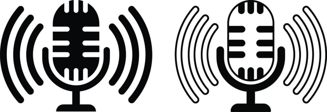 Two audio microphone symbols with sound waves representing broadcasting and recording concepts