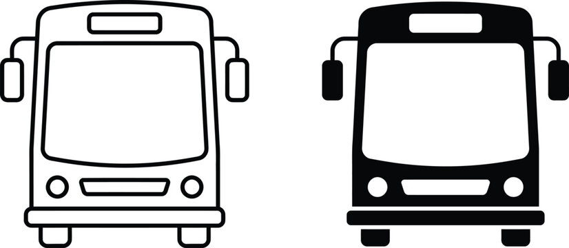 Front view of passenger bus transportation vehicle depicted in solid and outline styles with icon