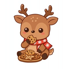 Adorable chibi fawn sits holding a cookie, plate of treats beside it—red scarf with snowflake patterns, big round eyes, sweet content expression. Simple white background, irresistibly cute festive ill © sony