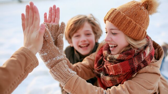 Three happy individuals celebrate a moment of joy with high fives in a snowy environment.