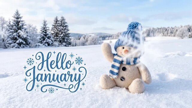 Cute plush snowman wearing a blue knitted winter hat waving hand in snowy landscape outdoor winter season greeting background