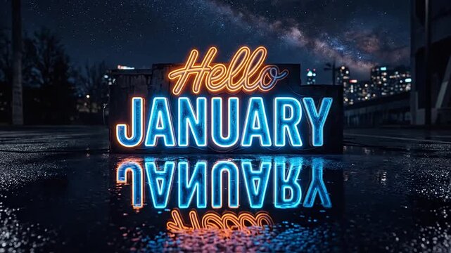 Glowing neon sign with the text hello january reflecting in a wet puddle at night with a starry sky and city skyline background