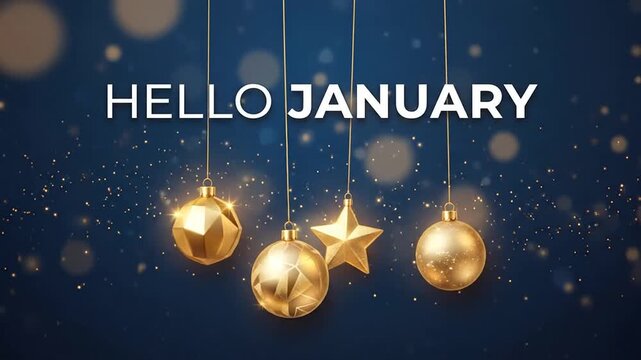 Golden ornaments hanging on blue background with hello january text