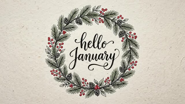 Hand drawn winter wreath illustration with calligraphy text hello january