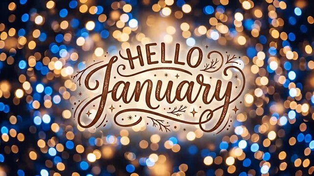 Hello January text greeting with twinkling gold and blue bokeh lights