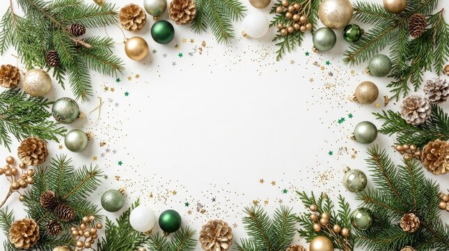 Christmas wreath composition with coniferous twigs golden balls and pinecones with central copy space