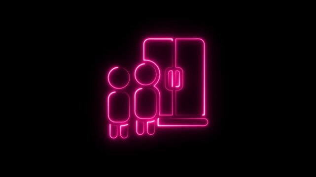 Bright neon pink glowing elevator icon with two people waiting standing in front of doors