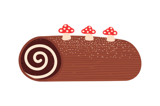 Yule log Christmas cake vector illustration with chocolate swirl and red mushrooms