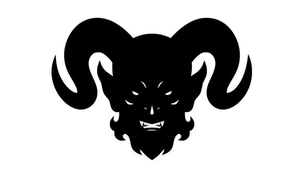 Black silhouette of horned demon face with four eyes and fangs flat. Flat design, vector illustration, spooky monster, dark fantasy, occult symbol