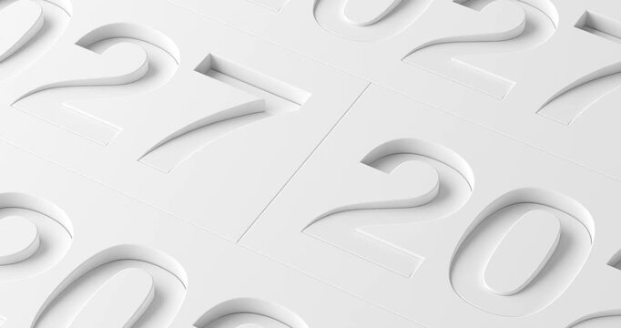4k Resolution Video: New Year 2027 Concept. White 2027 Numbers Repeated And Animating In A Minimal Geometric Pattern On White Background