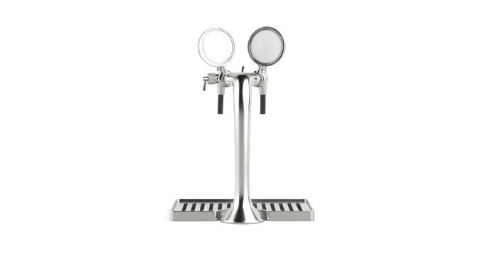 4k Resolution Video: Draft Beer Dispensing Equipment. Polished Metal Dual Tap Tower With Two Handles And Drip Tray Animating On White Background With Alpha Matte