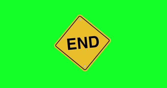 4k Resolution Video: Ending, Completion, Final Stage And Closure Concept. Yellow End Warning Sign Animated On Green Screen Chroma Key Background With Alpha Matte