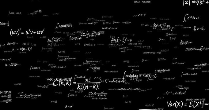 4k Resolution Video: Mathematics Education Concept. White Mathematical Formulas, Equations And Calculus Expressions Animating Scattered Across Black Background