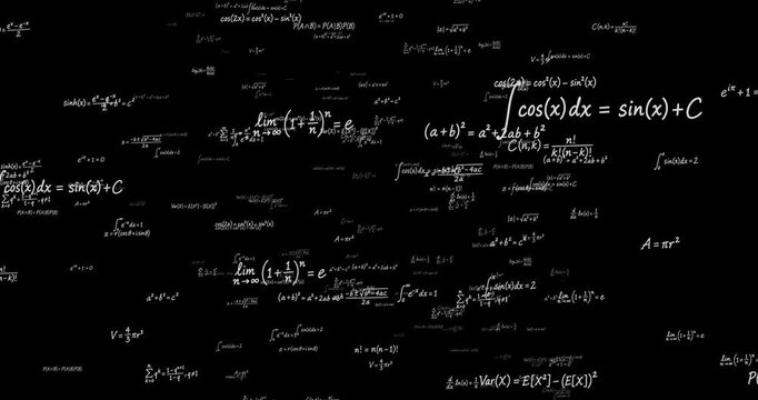 4k Resolution Video: Mathematics Education Concept. White Mathematical Formulas, Equations And Calculus Expressions Animating Scattered Across Black Background