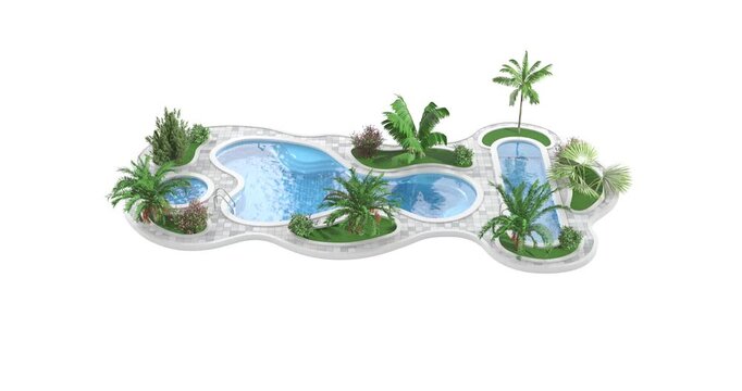 4k Resolution Video: Luxury Tropical Resort Concept. Freeform Swimming Pool With Spa, Palm Trees, Garden Islands And Tiled Deck On White Background With Alpha Matte