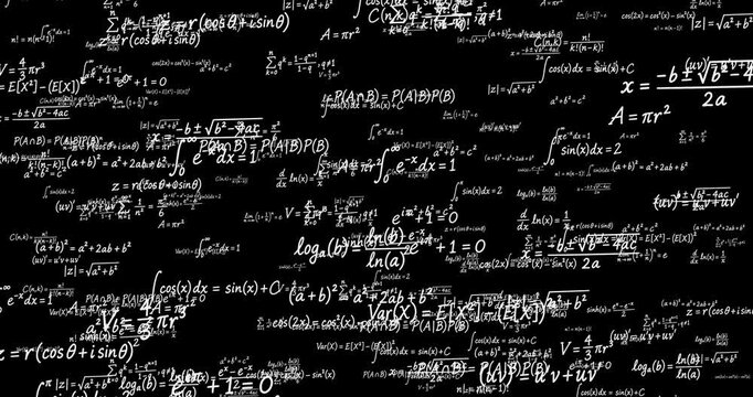 4k Resolution Video: Mathematics Education Concept. White Mathematical Formulas, Equations And Calculus Expressions Animating Scattered Across Black Background
