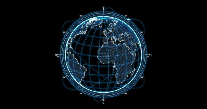 4k Resolution Video: Futuristic HUD Navigation Element. Cyan Wireframe Earth With Geographic Grid, Compass Markings And Coordinates Animating On Black Background