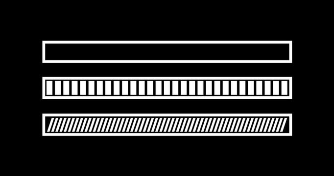 4k Resolution Video: Futuristic HUD Loading Elements. White Progress Bars With Segmented And Striped Indicators Animating On Black Background