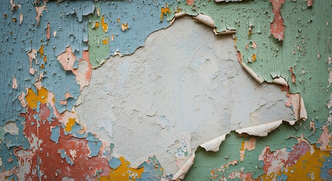 Old weathered wall with layers of peeling paint and colorful texture.