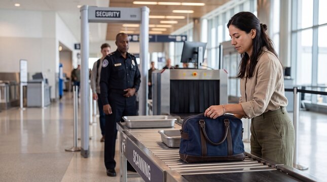Young hispanic woman placing carry on bag onto conveyor belt at airport security checkpoint. Female passenger preparing luggage for inspection before flight departure.