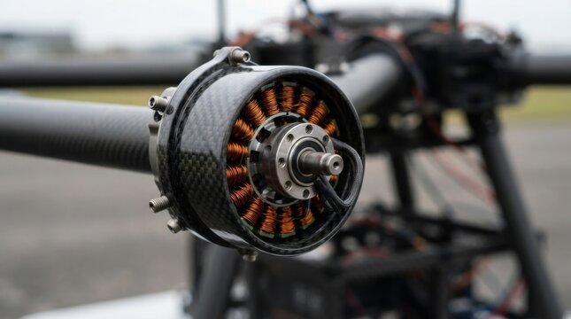 Heavy-lift cargo drone brushless electric motor assembly featuring copper stator windings, titanium fasteners, and carbon composite rotor hub.