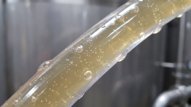 Close-up of clear plastic tubing filled with amber liquid and small bubbles, with water droplets on the exterior, possibly for beverage transfer or industrial process