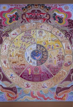 Buddhist wall painting, Tibetan Buddhism, god of death Yama holding the wheel of life, art hall with exhibition of non-traditional works of art, most of which follow modern art trends such as minimalism and abstraction, art hall with exhibition of non-traditional works of art, most of which follow modern art trends such as minimalism and abstraction, Wat Sitthawararam, Bangkok, Thailand