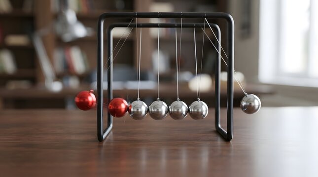 Dynamic Newton's cradle with red and silver balls demonstrating energy transfer